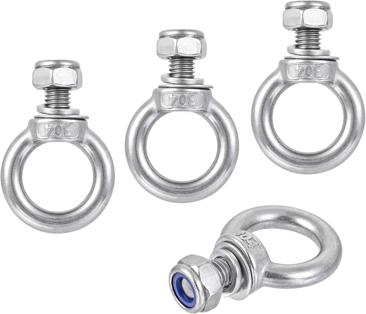 Lifting Eye Bolt M10 x 18mm Male Thread with Hex Screw Nut Gasket Flat Washer for Hanging Securing Chain Wire Rope, 304 Stainless Steel, 4 Sets