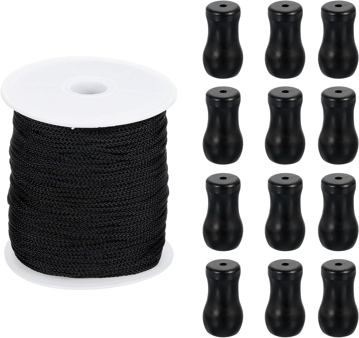 LinkMejor Braided Lift Shade Cord, 1.8 mm 110 Yards/Roll Nylon Cord String with 12Pcs Wood Blind Pull Cord Knobs for Roman Blind Shade Rollers Repair Curtain Craft DIY (Black)