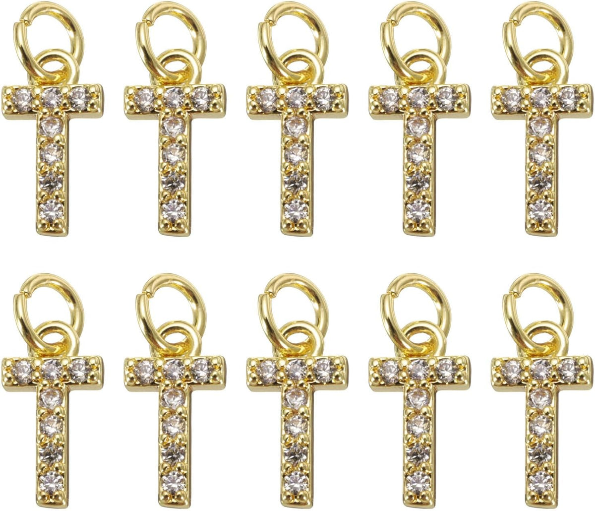 LinkMejor Rhinestone Letter Charm, 10pcs Crystal Zirconia Copper Alphabet t Pendants Slider Letter Charm for Wristbands Bracelets Necklace Jewelry Earring DIY Craft, Gold