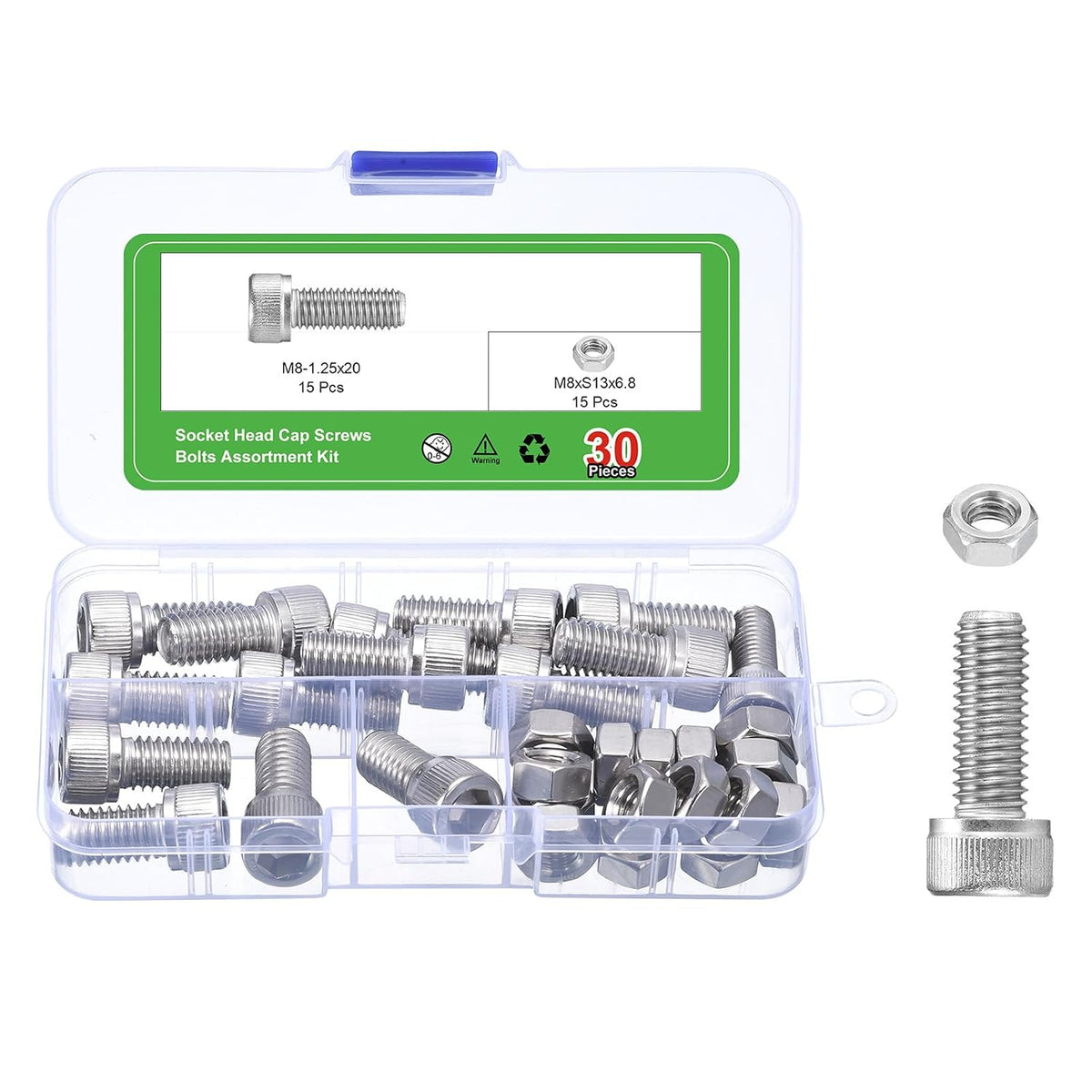 Hex Socket Bolts Kits (M8), 304 Stainless Steel Hex Socket Drive Screws, Silver Tone