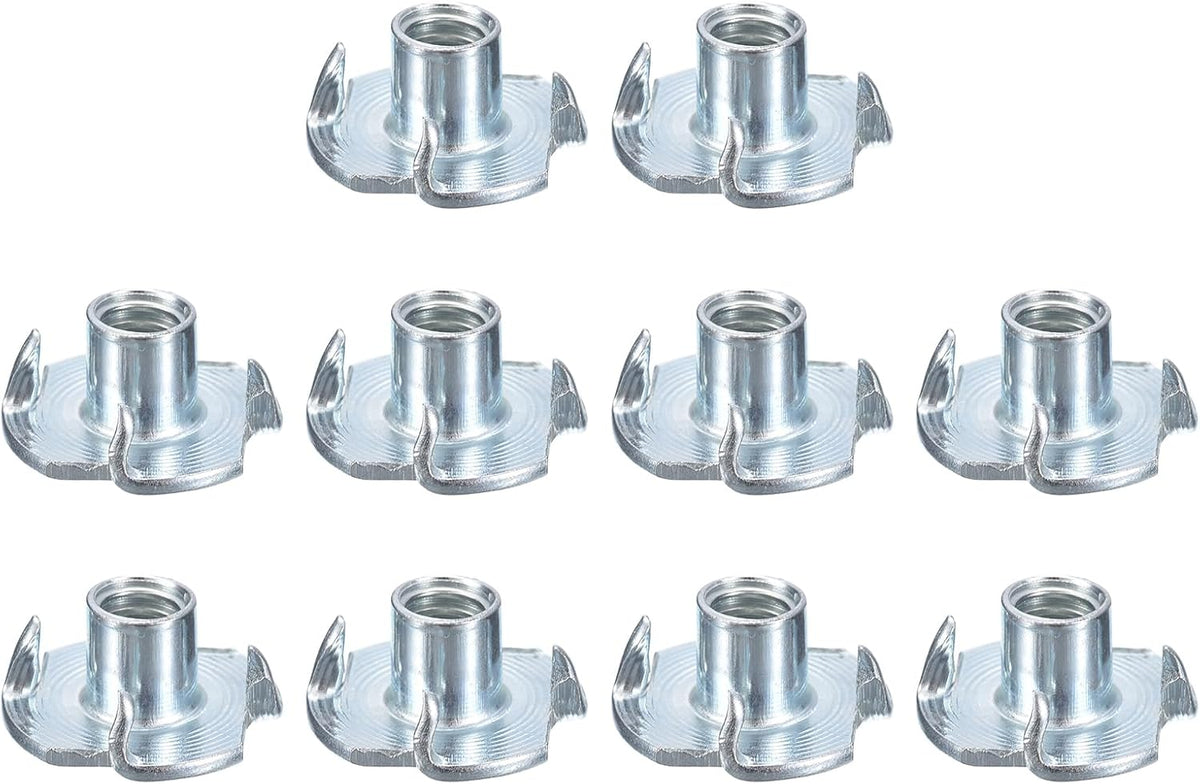 1/4"-20 T-Nuts, Zinc-Plated Carbon Steel 4-Pronged Tee Nuts Threaded Inserts for Climbing Holds and Wood Workings, White 16Pcs