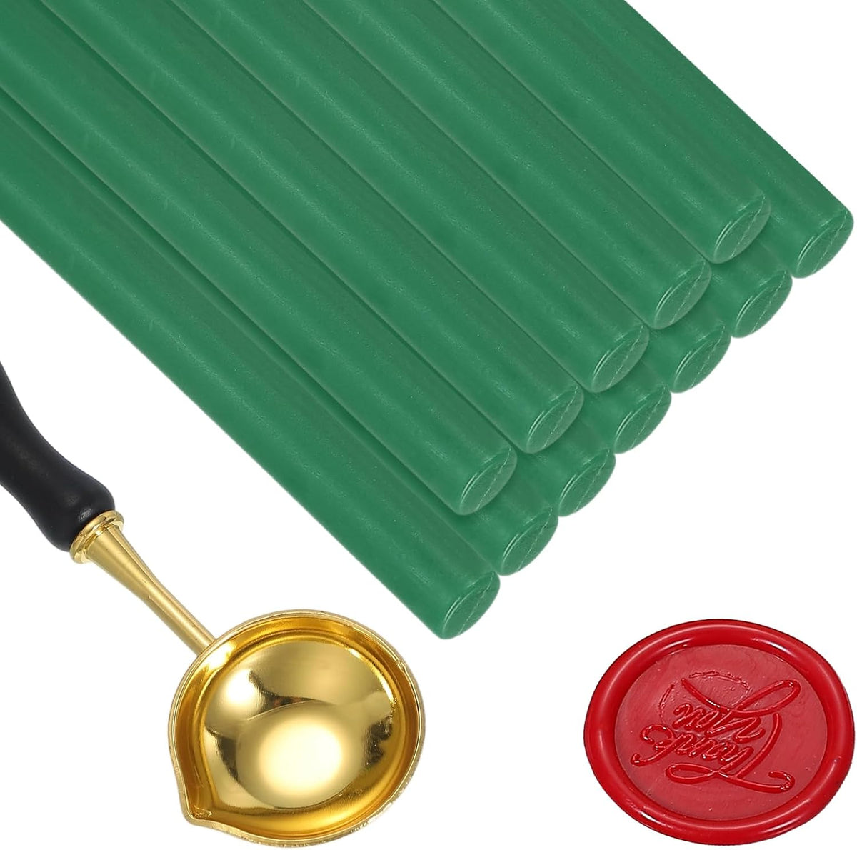 12 Pack Wax Glue Gun Sticks with Wax Melting Spoon, for Stamps, Letters, Envelopes, Wedding Invitations, Gift Packaging Wax Seals, Pine Green (Wax Glue Gun Not Included)