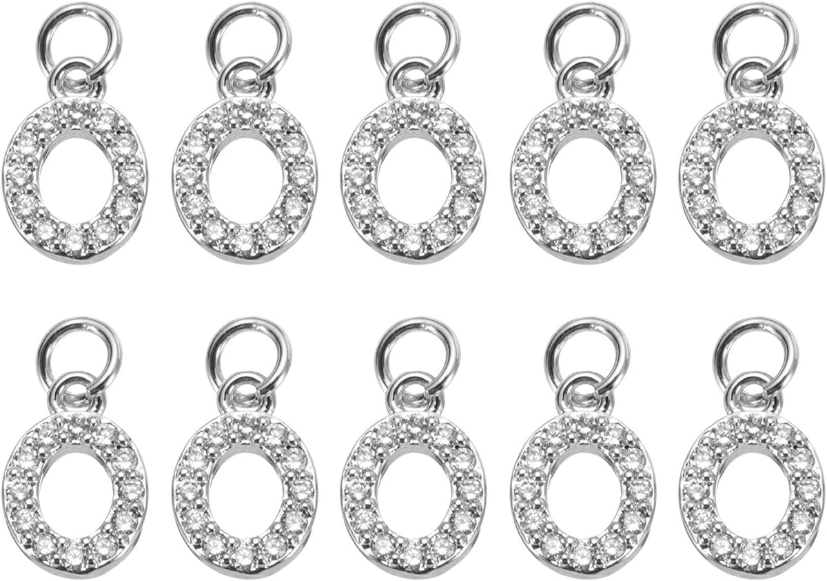 LinkMejor Rhinestone Letter Charm, 10pcs Crystal Zirconia Copper Alphabet O Pendants Slider Letter Charm for Wristbands Bracelets Necklace Jewelry Earring DIY Craft, Silver