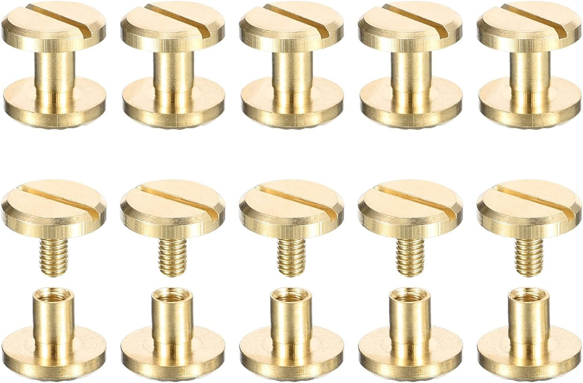 10Pack Brass Chicago Screws, 4x5x10mm Flower Texture Flat Head Screw Back Binding Post Nail Stud Rivets Fastener for DIY Leather Craft Belt Strap, Gold