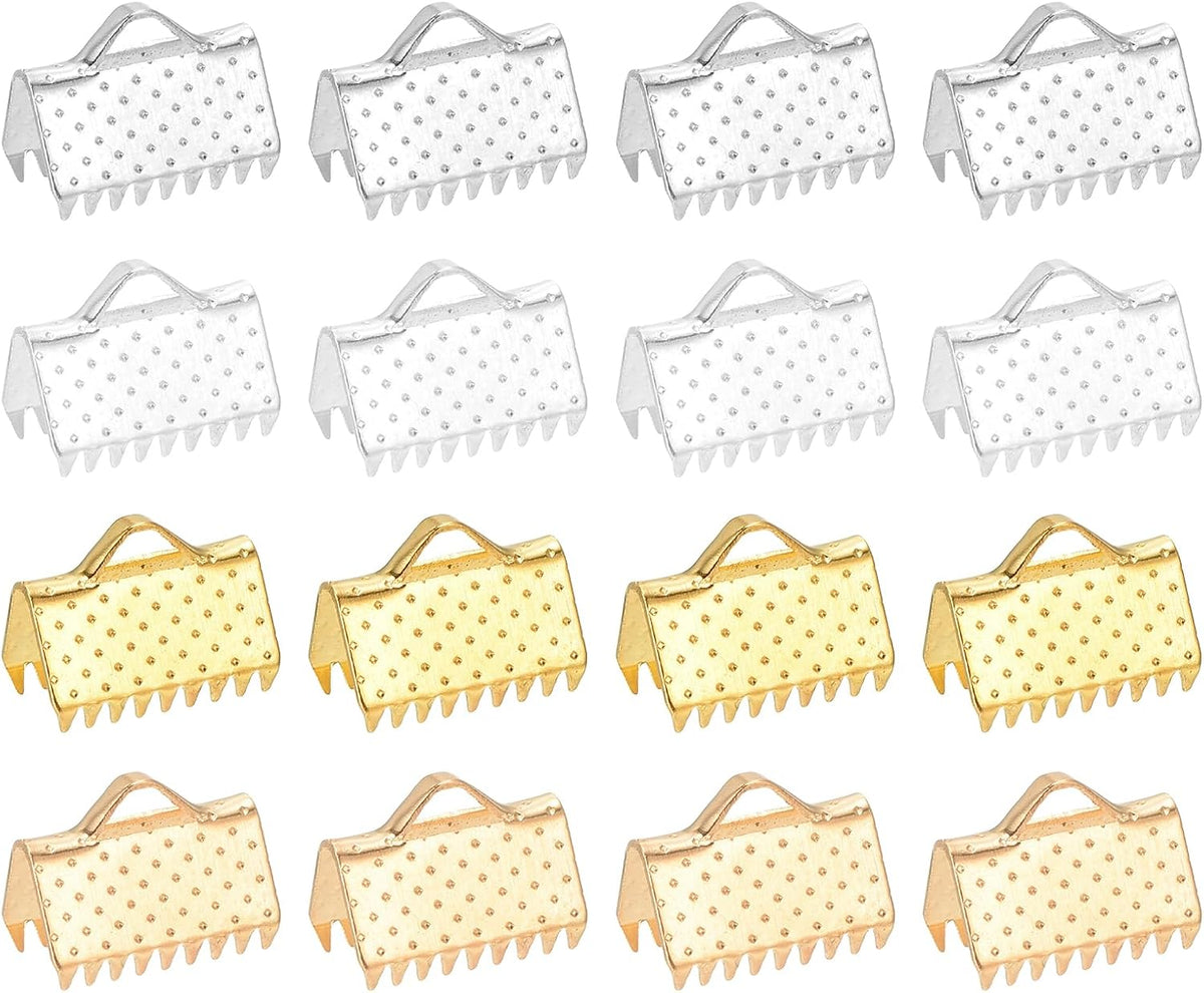 LinkMejor 100Pcs 10mm Ribbon Crimp Clamp Ends, Bookmark Pinch Crimp Ends, Fasteners Clasp Crimp Ends for Bracelet Necklace Jewelry Making, 4 Colors
