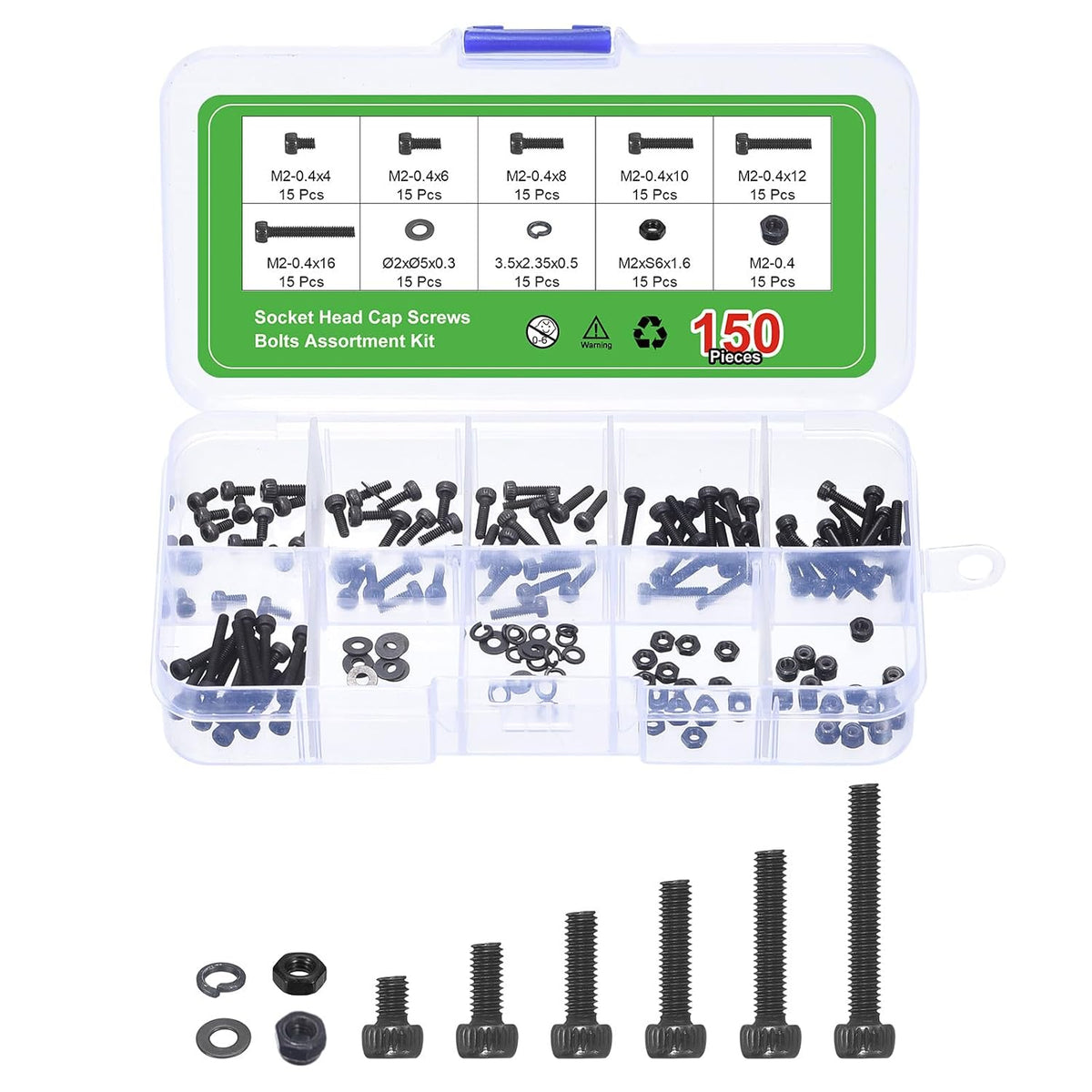 Hex Socket Bolt Kits (M2), Grade 12.9 Carbon Steel Hexagon Socket Drive Screws, Black