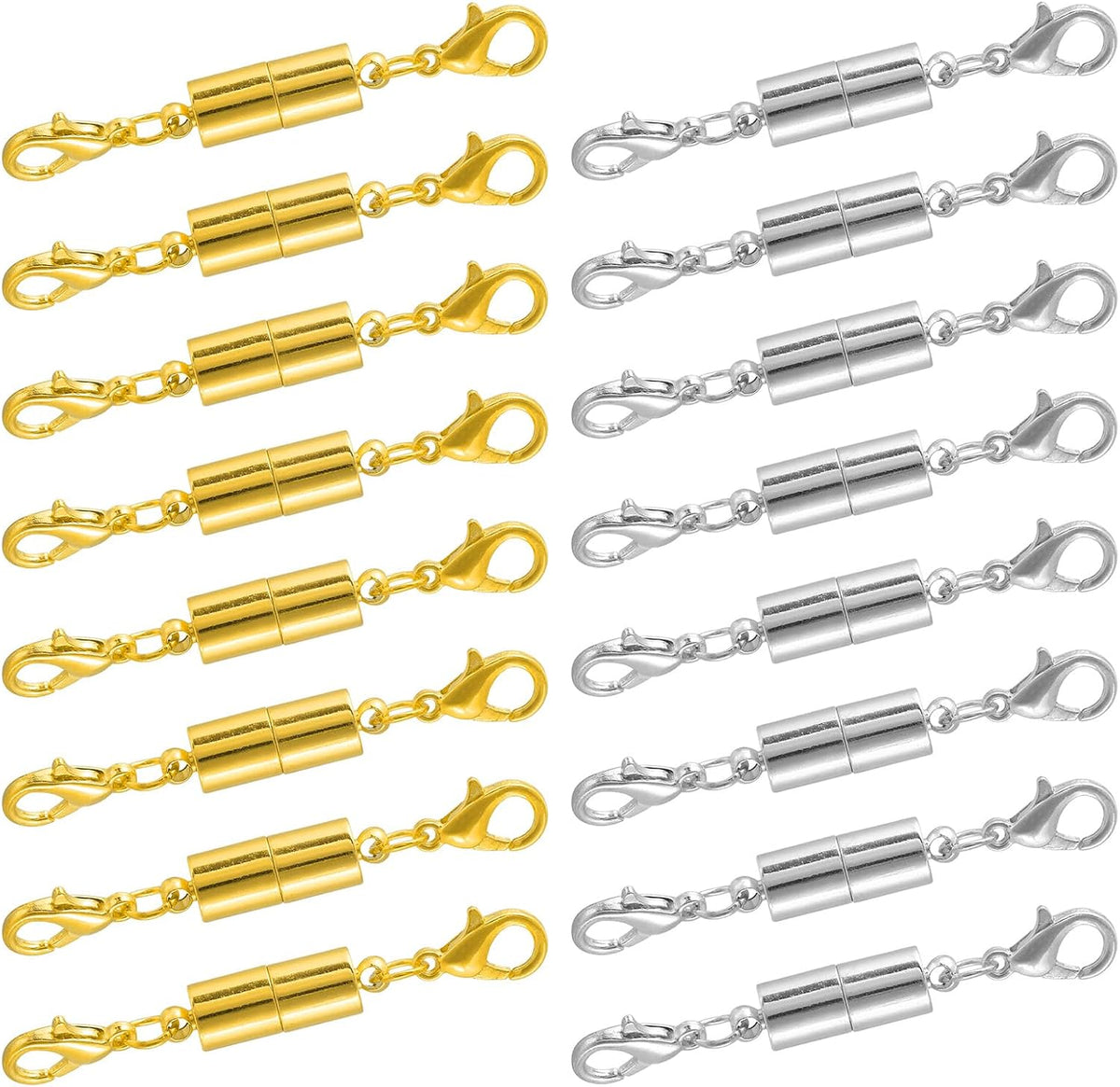 16Pcs Jewelry Clasps, Cylindrical Clasps Locking Closures with Lobster Clasps for Bracelet Necklace Jewelry Making (Gold, Silver)