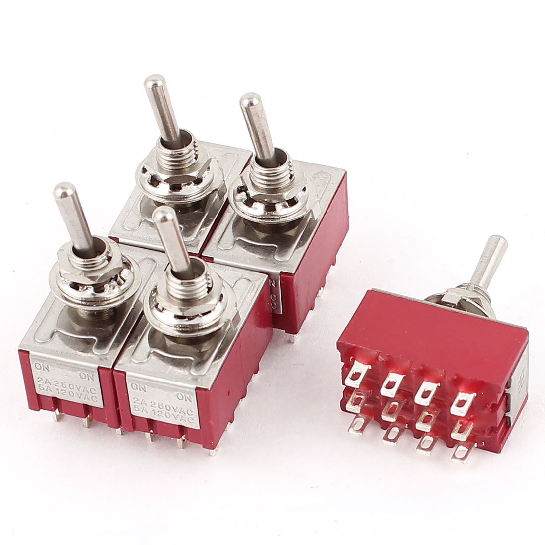 Red On-On 2 Position 4PDT Toggle Switch AC 250V/2A 120V/5A 5Pcs