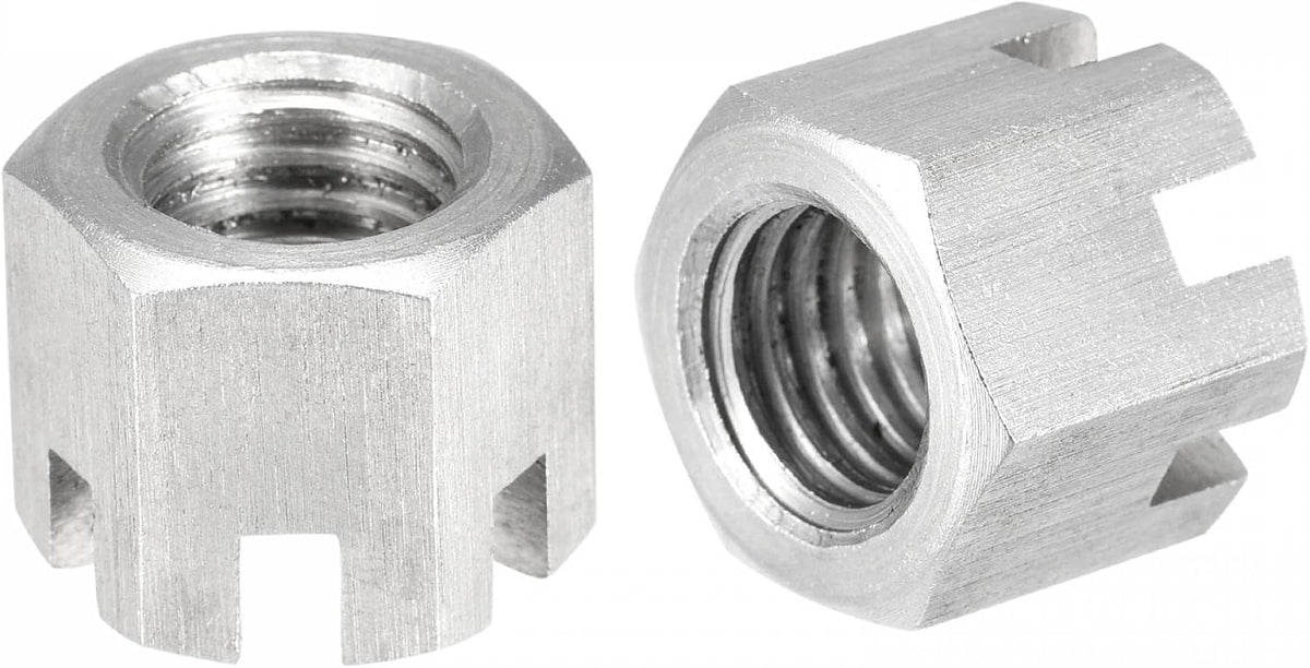 M12x1.75mm Hexagon Slotted Nut, Grade 6.8 304 Stainless Steel Hex Castle Nuts, Silver Tone, 2Pcs