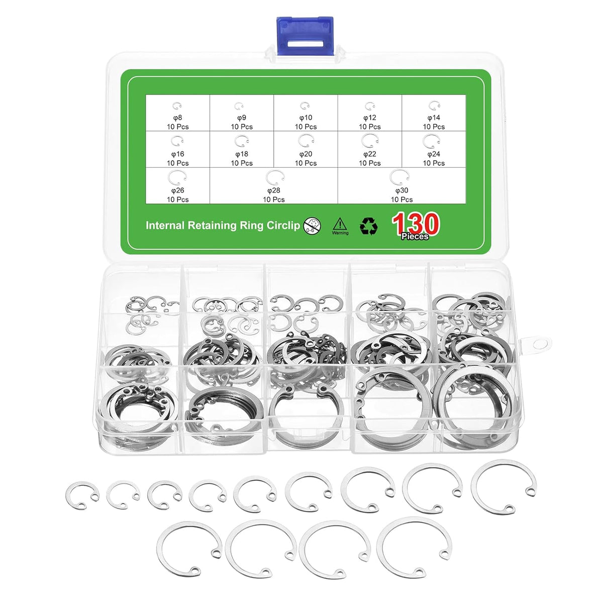 130Pcs Internal Retaining Ring Circlip Assortment Set, 304 Stainless Steel Circlip Snap 13 Sizes M8 M9 M10 M12 M14 M16 M18 M20 M22 M24 M26 M28 M30