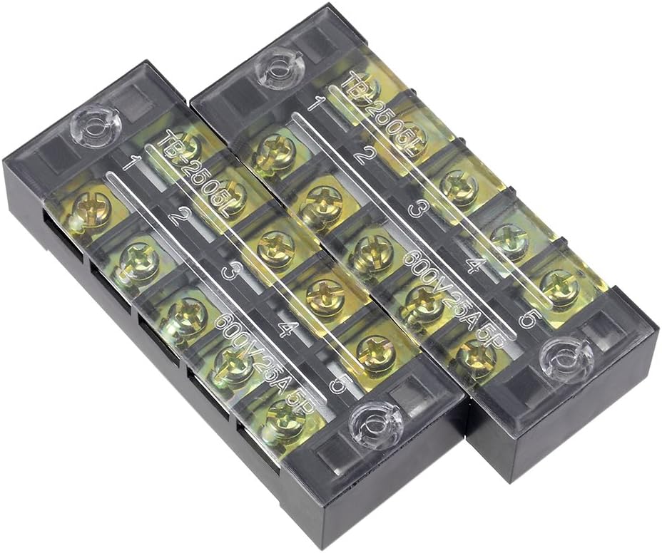 2 Pcs 5 Positions Dual Rows 600V 25A Cable Barrier Block Terminal Strip TB-2505L
