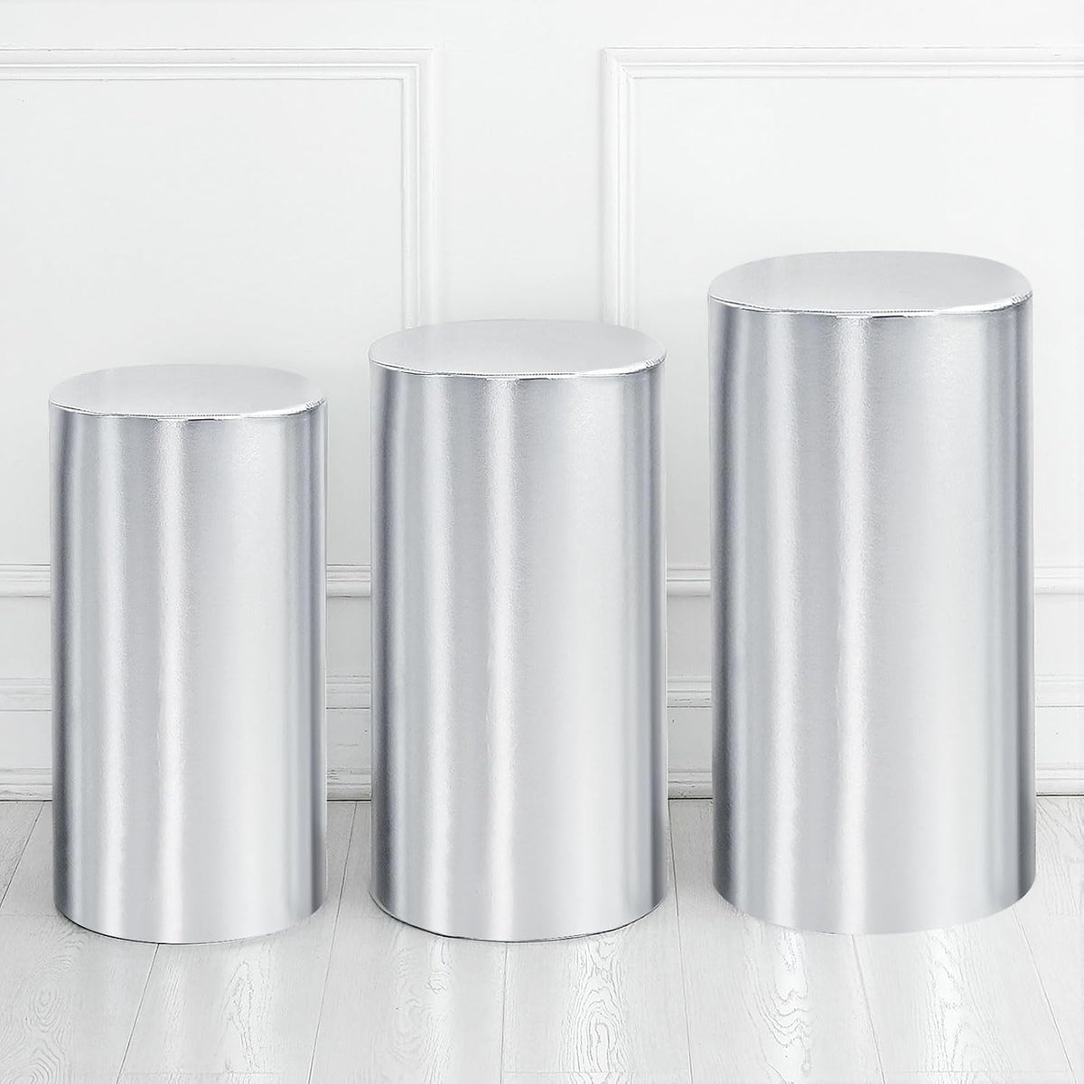 Set of 3 Silver Tone Cylinder Spandex Stand Covers, Plinth Stand Cover for Party Wedding Birthday Decoration, Only Contains Cylinder Covers (Foil Fabric - Small)