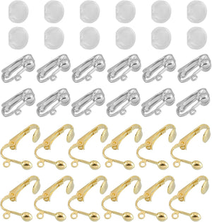 Clip-on Earring Converter with Silicon Earring Pads, 24Pcs - Clip-on Earring Findings, Earring Clips for Non-Pierced Ears with Easy Open Loop (Imitation Gold & White)