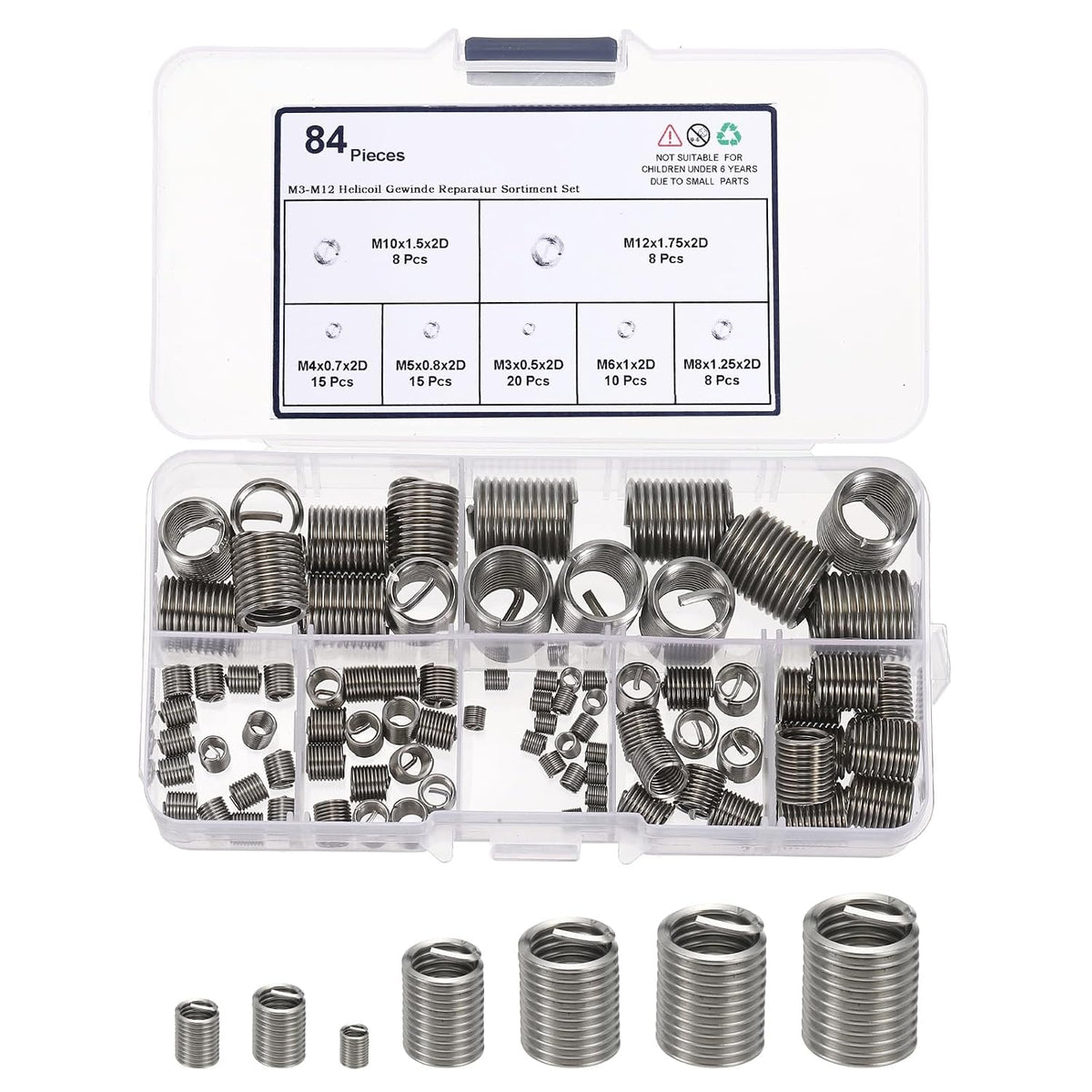 84Pcs Wire Thread Inserts Kit, M3/4/5/6/8/10/12 Carbon Steel Metric Sleeve Thread Repair Kit Helical Coiled Type for Machinery