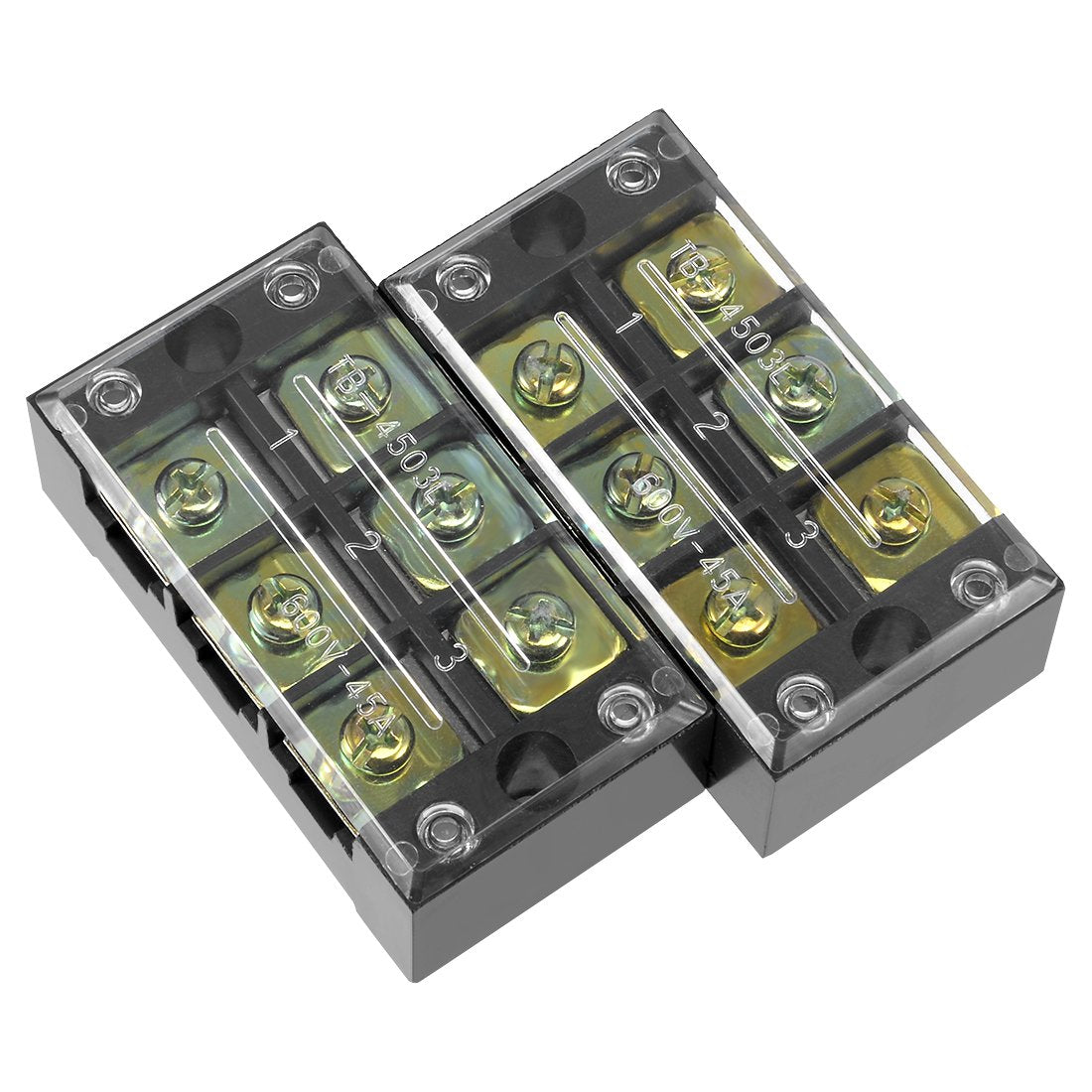 2 Pcs 3 Positions Dual Rows 600V 45A Cable Barrier Block Terminal Strip TB-4503L