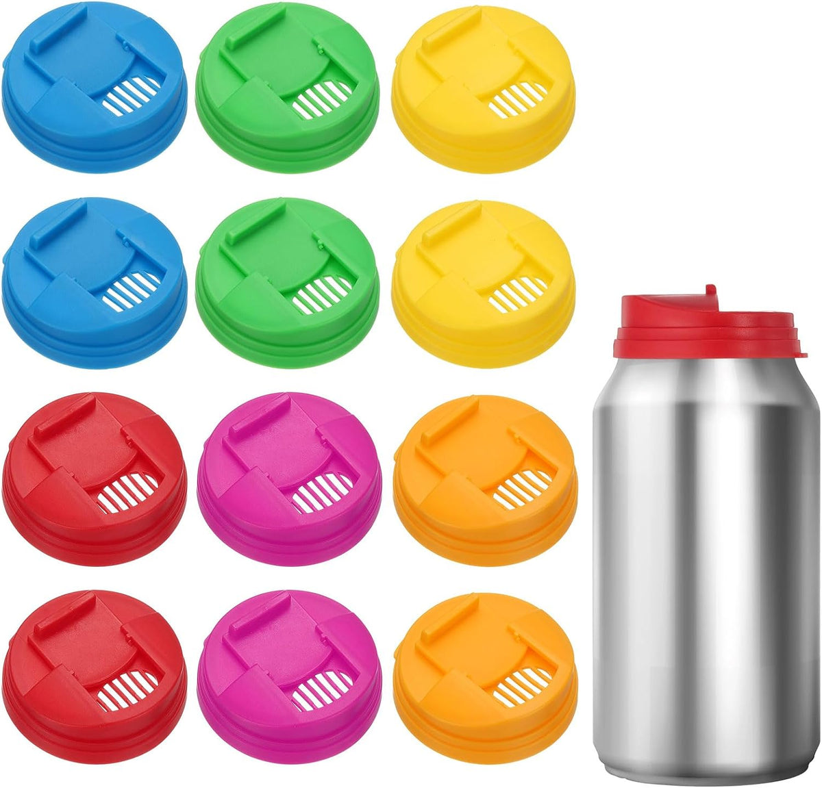 12pcs Soda Can Lids, 2.4 Inch Plastic Can Covers, Lid Covers Round Protector Fit Standard Size for Soda Beverage Beer, Keep Carbonated (Red, Purple, Yellow, Green, Blue, Orange)