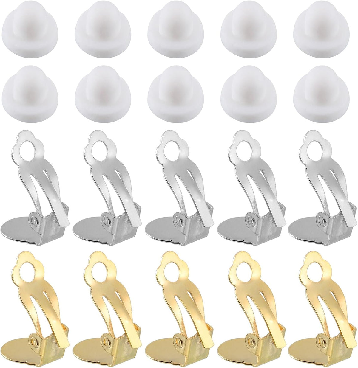Clip-on Earring Converter with Silicon Earring Pads, 20Pcs - Clip-on Earring Findings, Round Flat Back Tray Earring Clips with Easy Open Loop (White & Gold)