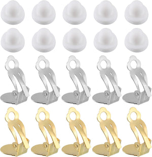 Clip-on Earring Converter with Silicon Earring Pads, 20Pcs - Clip-on Earring Findings, Round Flat Back Tray Earring Clips with Easy Open Loop (White & Gold)