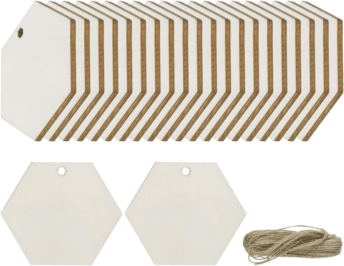36pcs Hexagonal Blank Wood Tags with Hole 2 x 2.3 Inch Unfinished Wood Pieces Wooden Gift Tags with 32.8 Ft Rope for Craft Projects, Hanging Decorations, Gift Making
