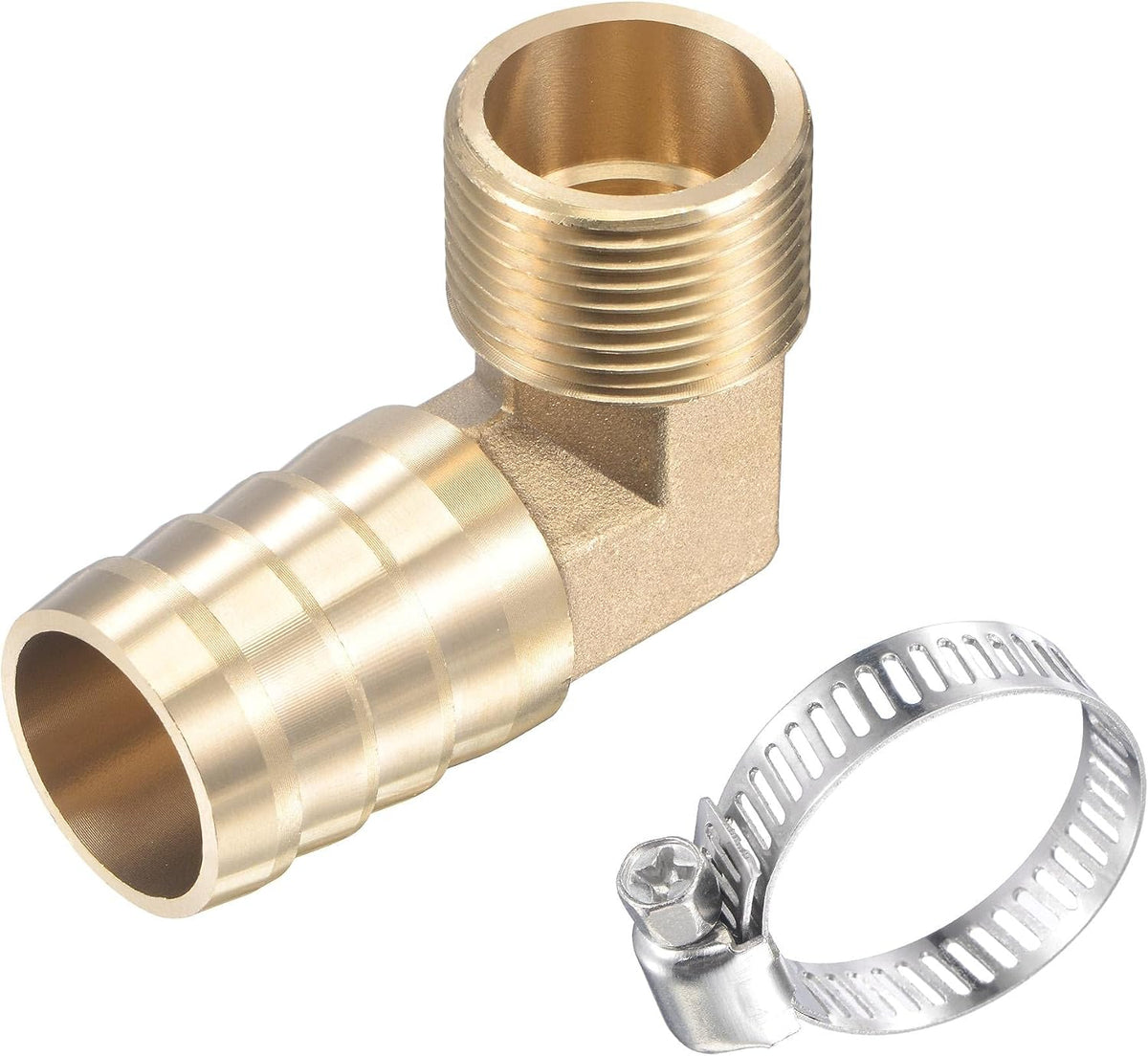 Brass Hose Barb Fitting Elbow 25mm x G3/4 Male Thread Right Angle Pipe Connector with Stainless Steel Hose Clamp