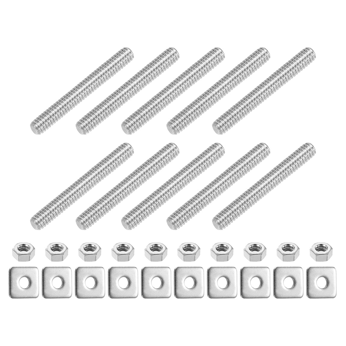 1/4"-20 UNC Fully All Threaded Rod, 10 Pcs 304 Stainless Steel Long Threaded Screw 2" Length Right Hand Threads with Square Washers for Furniture Mounting Assembly Fastening