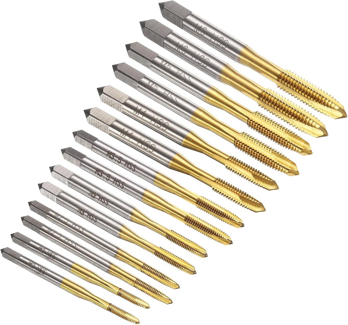14pcs Spiral Point Tap Set M2 M2.5 M3 M3.5 M4 M5 M6 Metric Thread Screw Taps, Titanium Coated High Speed Steel 6542 Machine Tapping Threading Repair Tool
