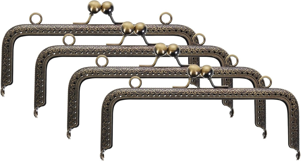 LinkMejor 4 Pcs Metal Purse Frame, 18cm/7.1" Retro Rectangle Kiss Lock Clasp Frame Embossed for Purse Making, Handled Bag, Coin Bag Clutch Bag, Frame Hardware Replacements (Bronze)