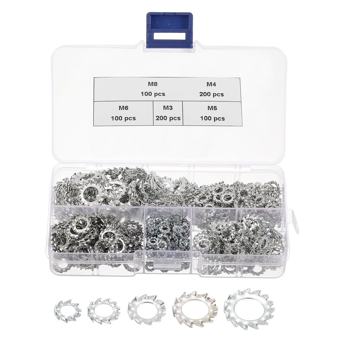 700pcs External Tooth Washers Assortment Kit, Steel Zinc Finish External Serrated Washer M3/M4/M5/M6/M8 - for Mechanical Equipment Fasteners