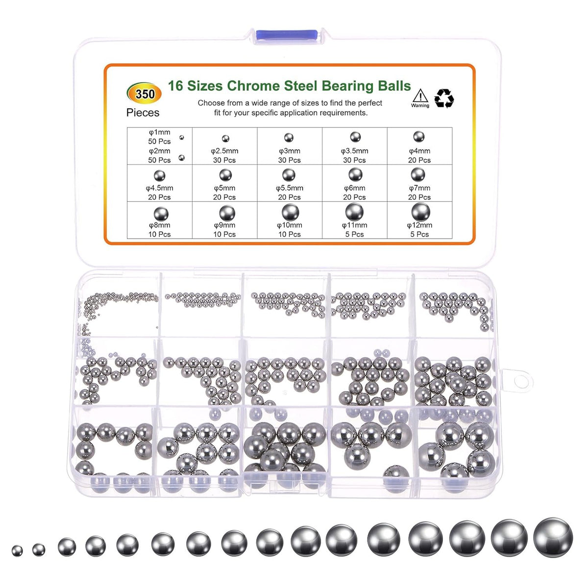 350pcs G200 Precision Balls Assortment Kit 1mm 2mm 2.5mm 3mm 3.5mm 4mm 4.5mm 5mm 5.5mm 6mm 7mm 8mm 9mm 10mm 11mm 12mm Stainless Steel Bearing Balls