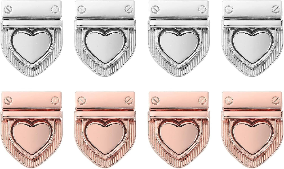 LinkMejor 8Set Turn Lock Clasp Kit, Heart Press Lock Clasp Closure Twist Turn Locks Hardware Buckle Fasteners for Purse Leather Making (28x32mm, Silver, Rose Gold)