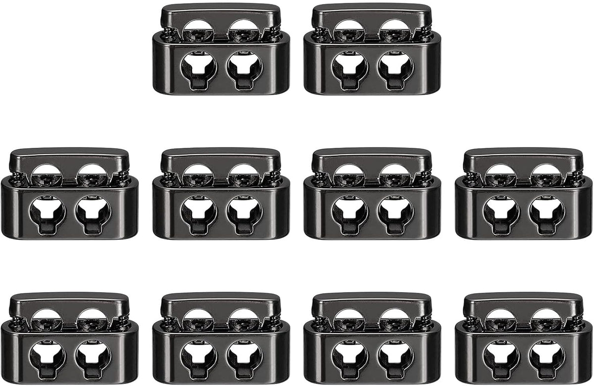 Spring Cord Lock End Toggle, 10Pcs Double Hole Spring Stopper Alloy Fastener Slider Toggles Clip for Drawstrings, Shoelaces, Bags (Metallic Black,19.6x12.5mm)