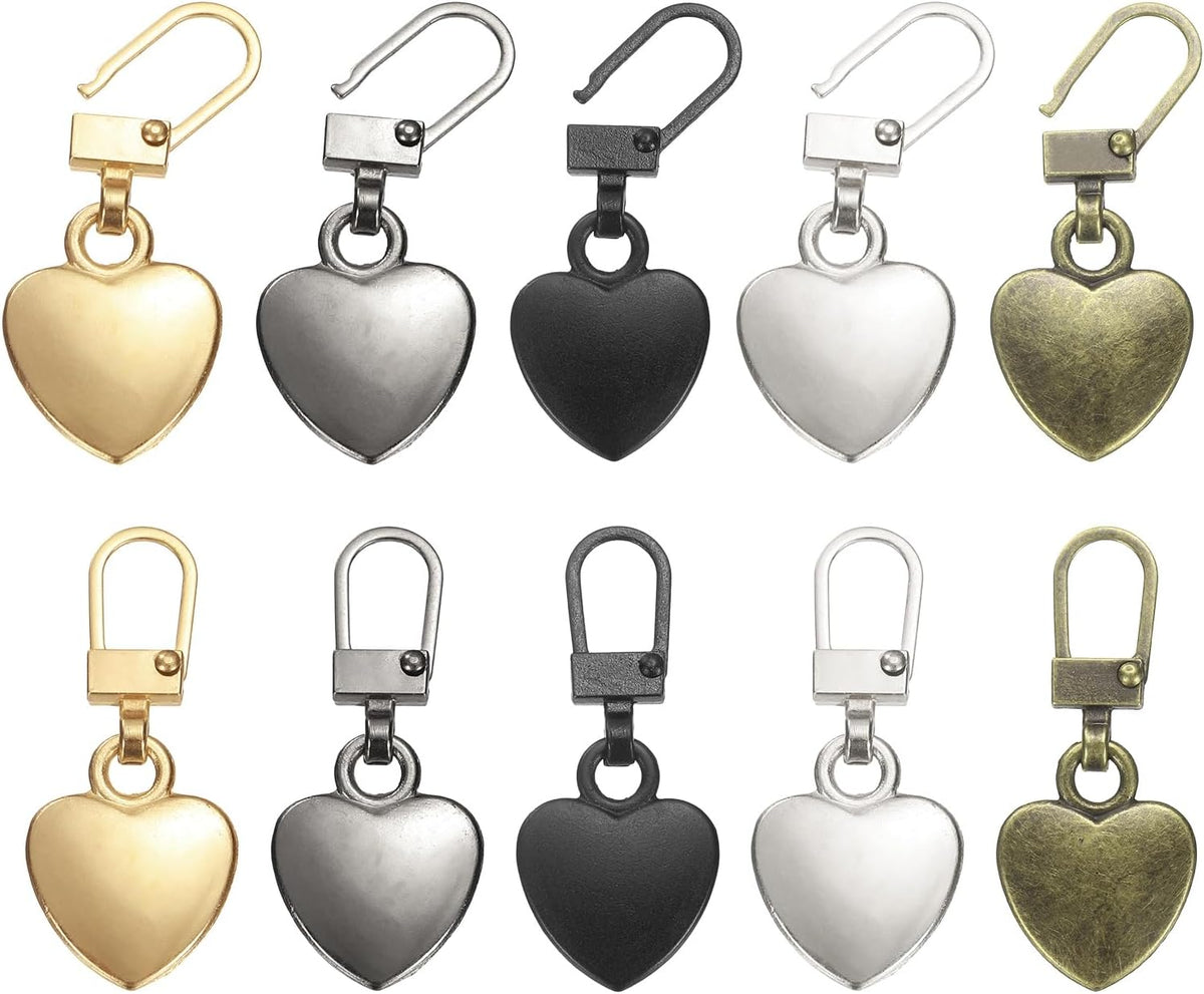 2Set Zipper Pull Replacement, 1-9/16 x 11/16 Heart Detachable Tiny Zipper Replacement Slider for Sewing Bags, Coats, Jackets, Closed-End Pulls Replacing, 5 Color