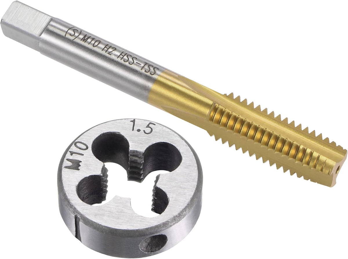 Tap and Die Set Metric M10 x 1.5, HSS (High Speed Steel) Titanium Plated Machine Straight Flute Thread Screw Tap, Alloy Steel Round Threading Die