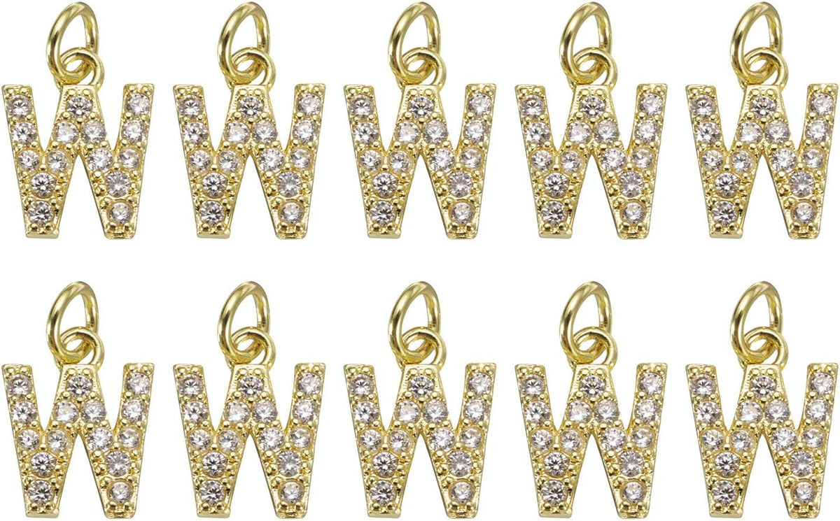 LinkMejor Rhinestone Letter Charm, 10pcs Crystal Zirconia Copper Alphabet W Pendants Slider Letter Charm for Wristbands Bracelets Necklace Jewelry Earring DIY Craft, Gold
