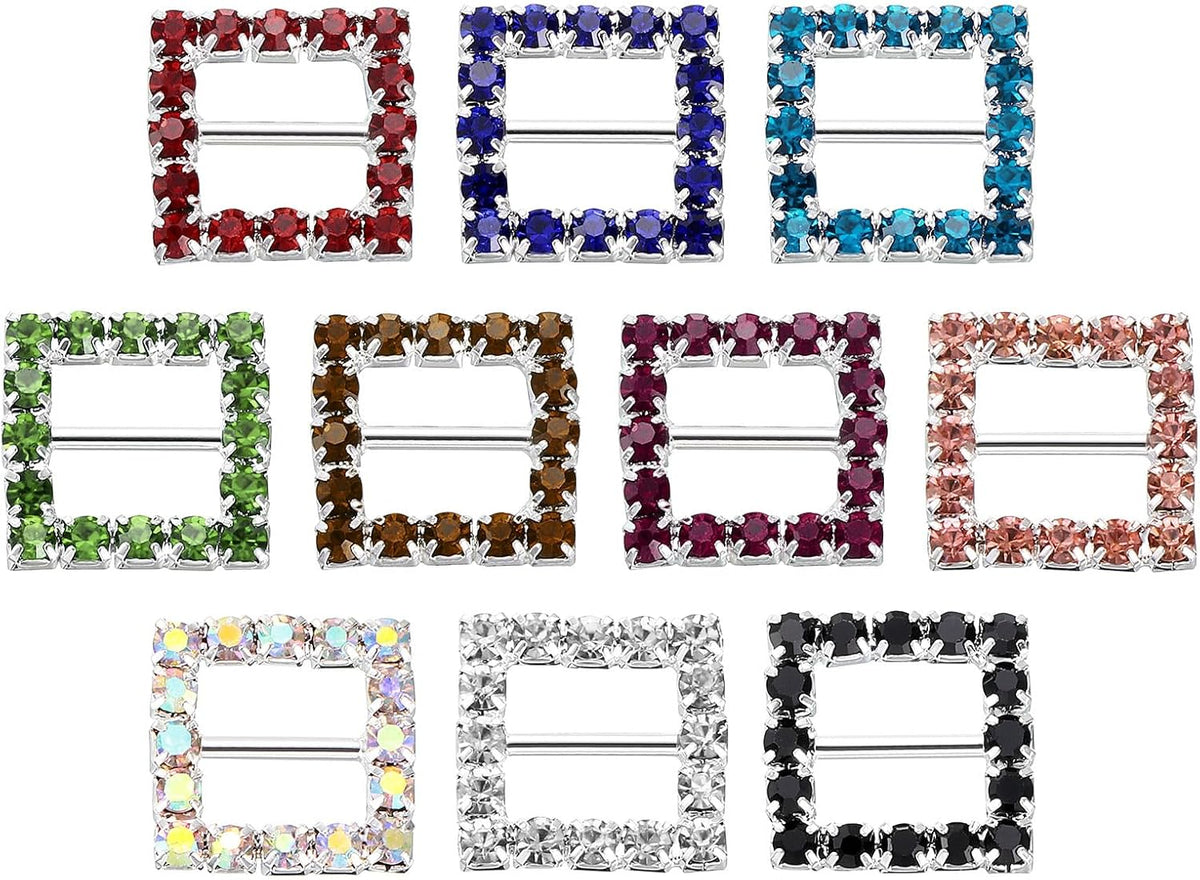 Square Rhinestone Buckle Slider, 10Pcs 15mm Copper Rhinestone Crystal Ribbon Buckle for Clothing Decor Christmas DIY Gift Wrap, 10 Colors in