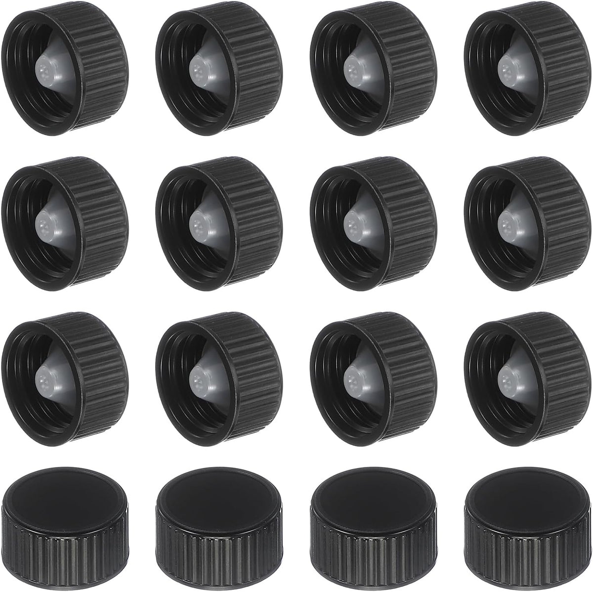 16 Pcs Phenolic Resin Cover, 20mm Poly Seal Screw Caps Plastic Replacement Bottle Caps Thread Plastic Lids for Chemicals Food Cosmetics Bottles, Black