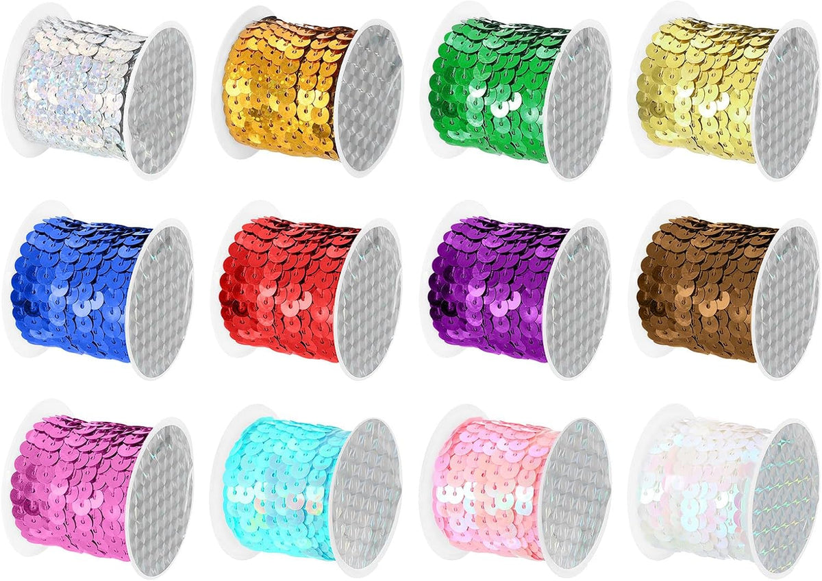 12 Colors 60Yds Flat Sequins Strip, 6mm Spangle Paillette String Spool Roll Sewing String Ribbon for Fringe Sewing DIY Projects