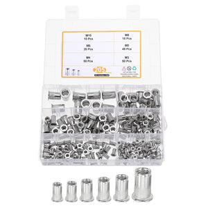 205 Pcs Rivet Nut, 304 Stainless Steel Metric Thread Rivet Nuts Kit Flat Head Threaded Insert Nuts M3/ M4/ M5/ M6/ M8/ M10 for Automotive, Home Decor and Industrial, Silver