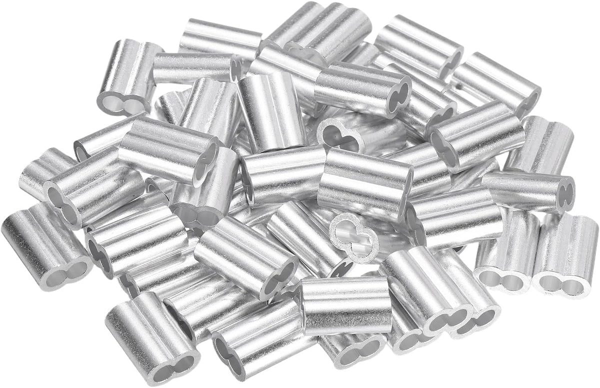 60Pcs Aluminum Crimping Loop Sleeve for 1/4" Diameter Wire Rope, Double Ferrule Aluminum Wire Rope Sleeve for Cable Line End