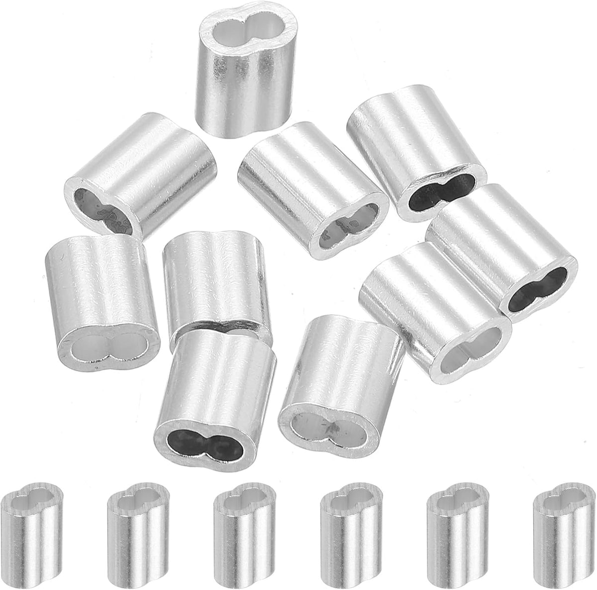 1/8" 3mm Aluminum Crimping Loop Sleeve Double Ferrule for Wire Rope Cable Line End, Silver 10pcs