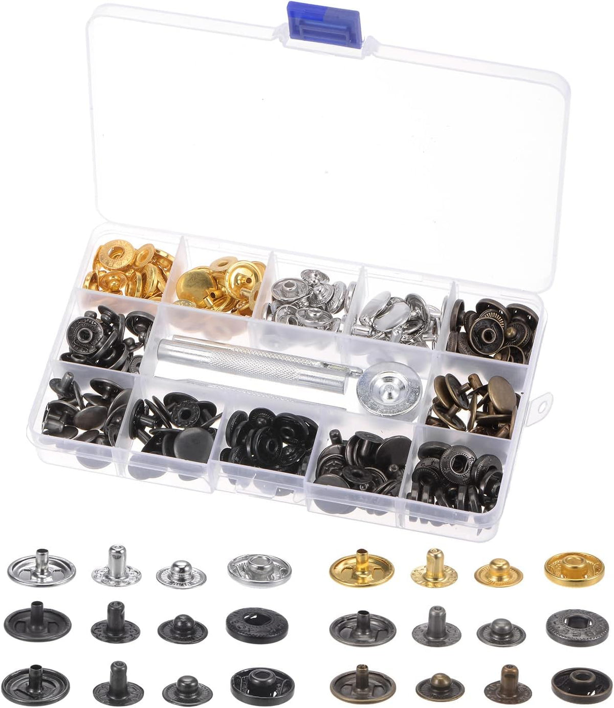 60 Sets Leather Snap Fasteners Kit 15mm Metal Press Studs Buttons Tool with 4 Setter Tools & Storage Box for Clothing Leather Sewing