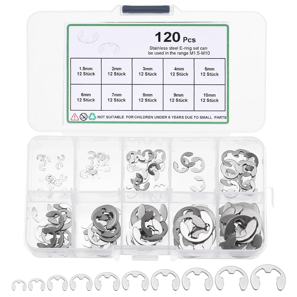 120 Pcs E-Clip External Retaining Rings Kit, 304 Stainless Steel Retaining Circlip Snap Ring Assortment Kit for Valves, Electrical Appliances, Cars and Cylinders, Silver