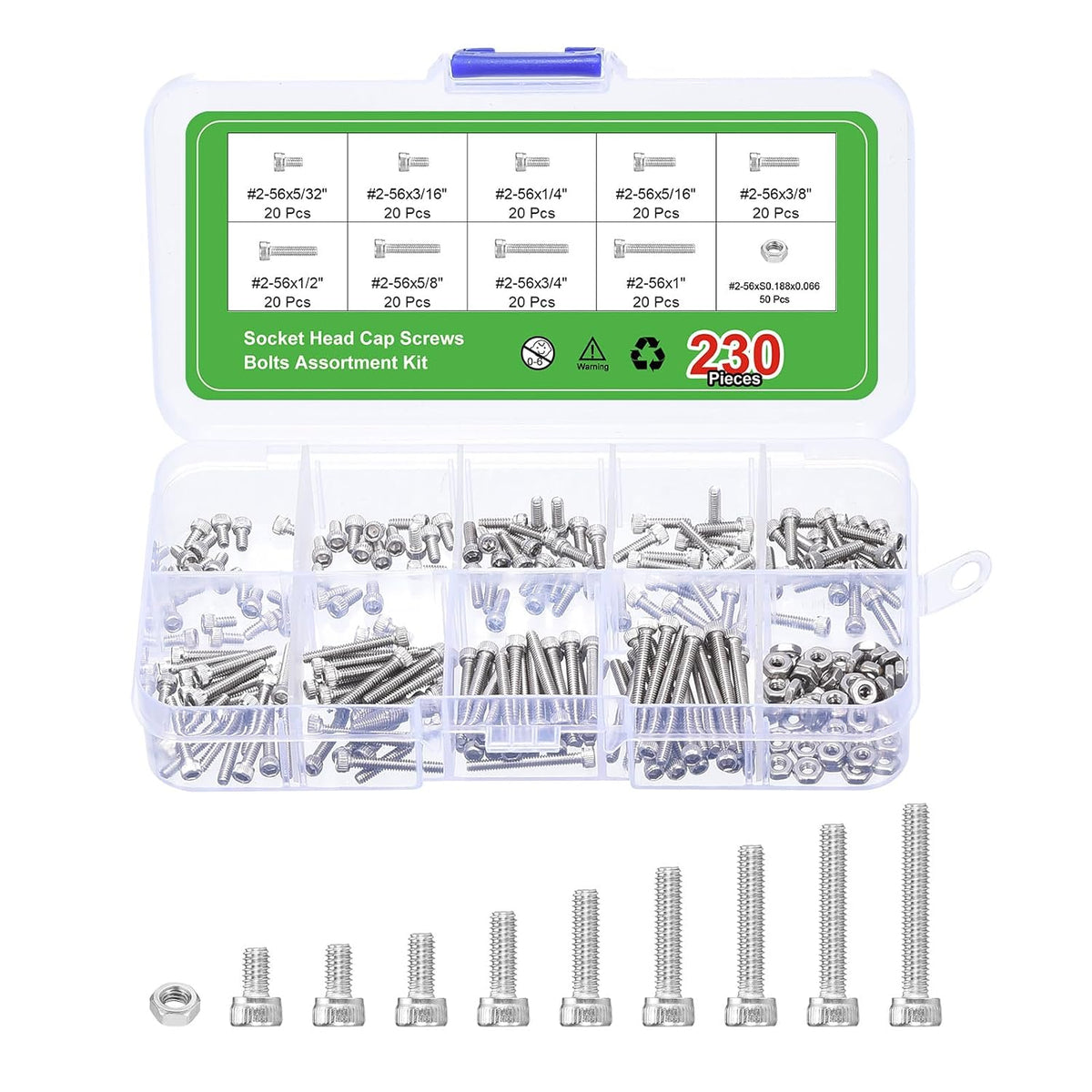 Hex Socket Bolts (#2), 304 Stainless Steel Hex Socket Drive Screw, Silver Tone