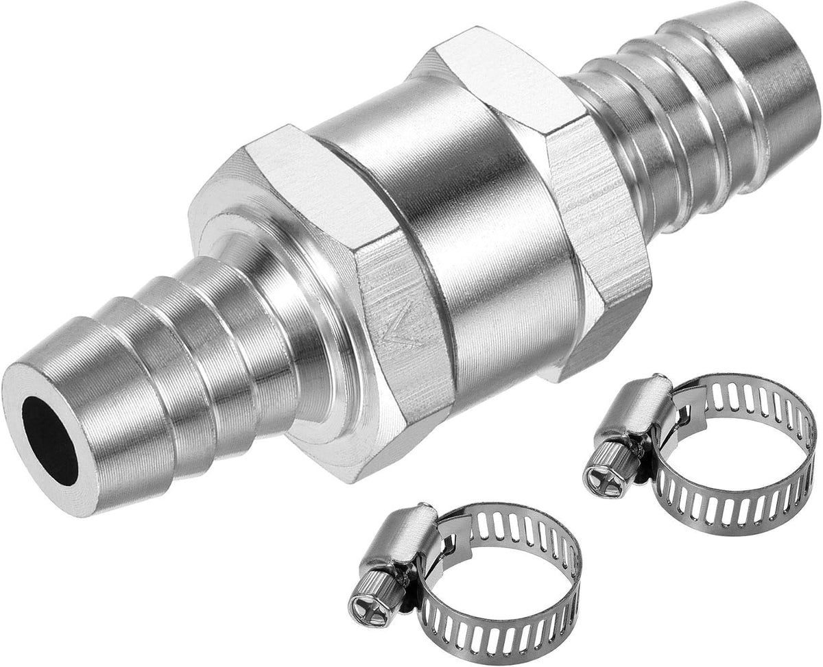 Non-Return One Way Check Valve 13mm Barb OD Aluminum Alloy with 2 Stainless Steel Adjustable 9-12mm Hose Clamps, for Water Oil Petrol Fuel Line