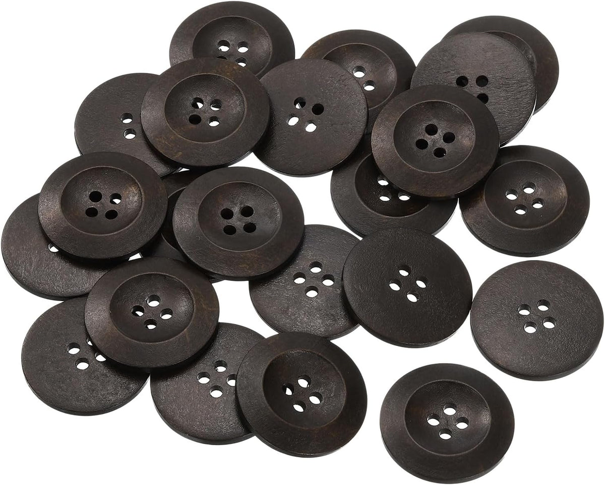 LinkMejor 80Pcs Wooden Buttons, 35mm(1 3/8") 4 Hole Round Wood Sewing Button Craft for Sewing DIY Craft Clothing, Dark Brown