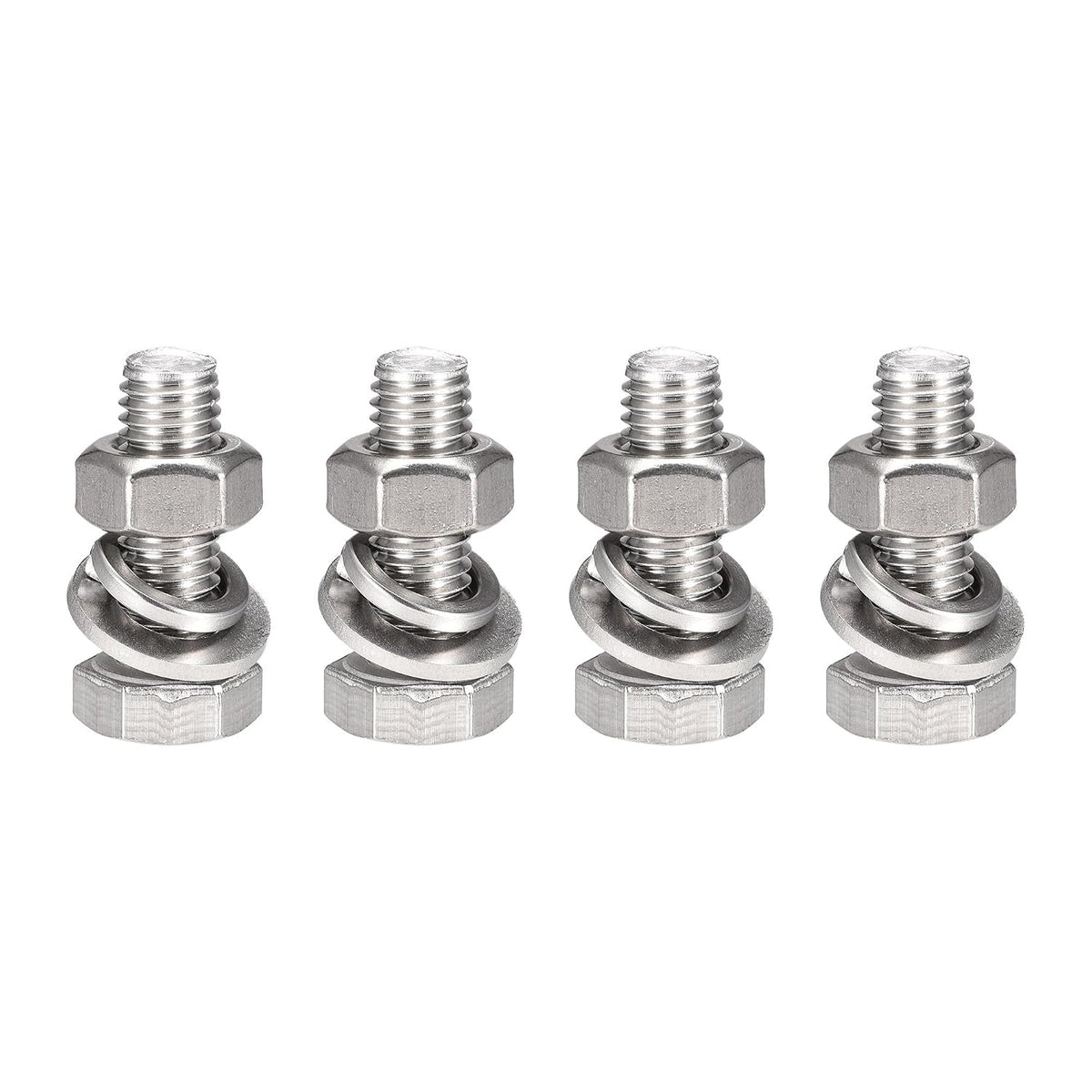 M10 x 30mm Hex Head Screws Bolts, Nuts, Flat & Lock Washers Kits, 304 Stainless Steel Fully Thread Hexagon Bolts 4 Sets