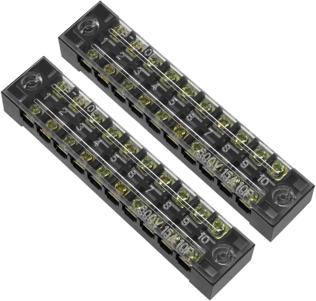 2 Pcs 10 Positions Dual Rows 600V 15A Wire Barrier Block Terminal Strip TB-1510L