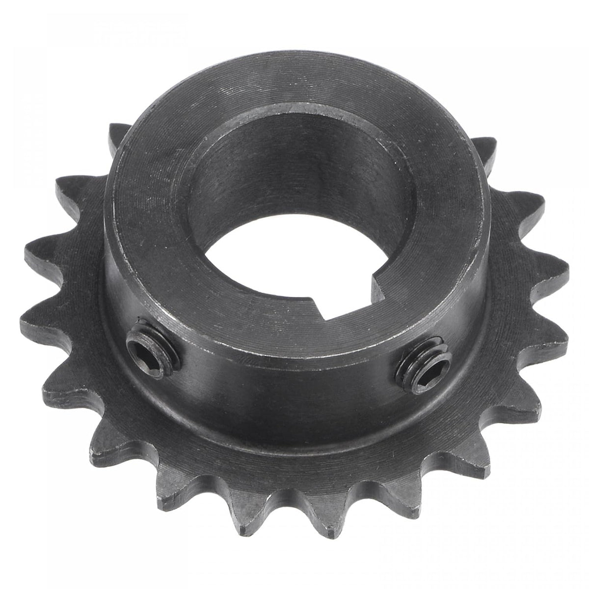 20 Tooth Roller Sprocket B Type, #25 Chain, Single Strand 1/4" Pitch, 17mm Bore Black Oxide C45 Carbon Steel, Keyway with Set Screws for ISO 04C