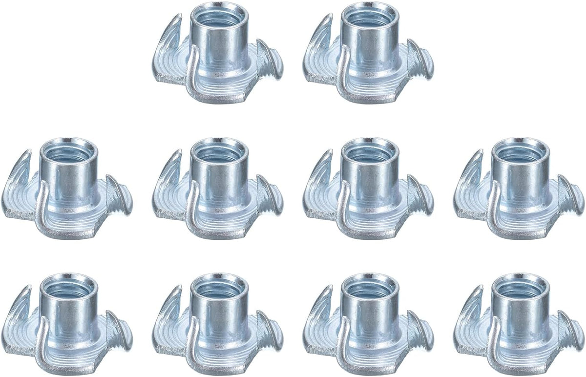 5/16"-18 T-Nuts, Zinc-Plated Carbon Steel 4-Pronged Tee Nuts Threaded Inserts for Climbing Holds and Wood Workings, White 10Pcs