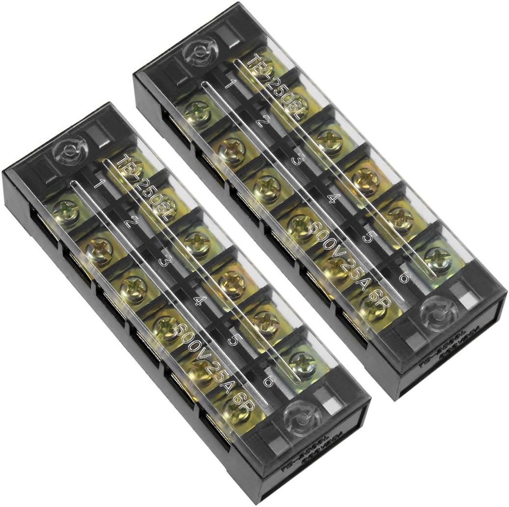 2 Pcs Dual Rows 6 Positions 600V 25A Cable Barrier Block Terminal Strip TB-2506L